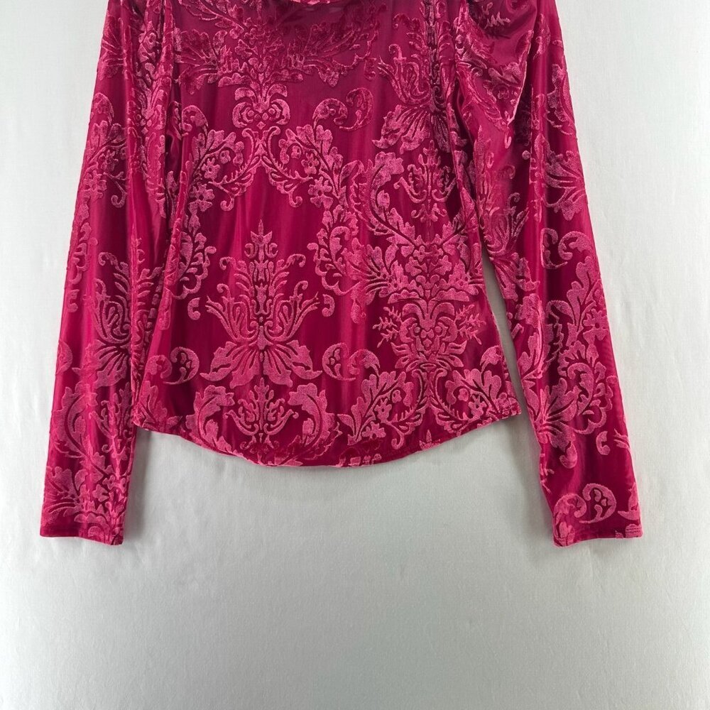 By Anthropologie Velvet Burnout Top S Lace Up Back Ruffle Mock Neck Damask Pink - Picture 5 of 16